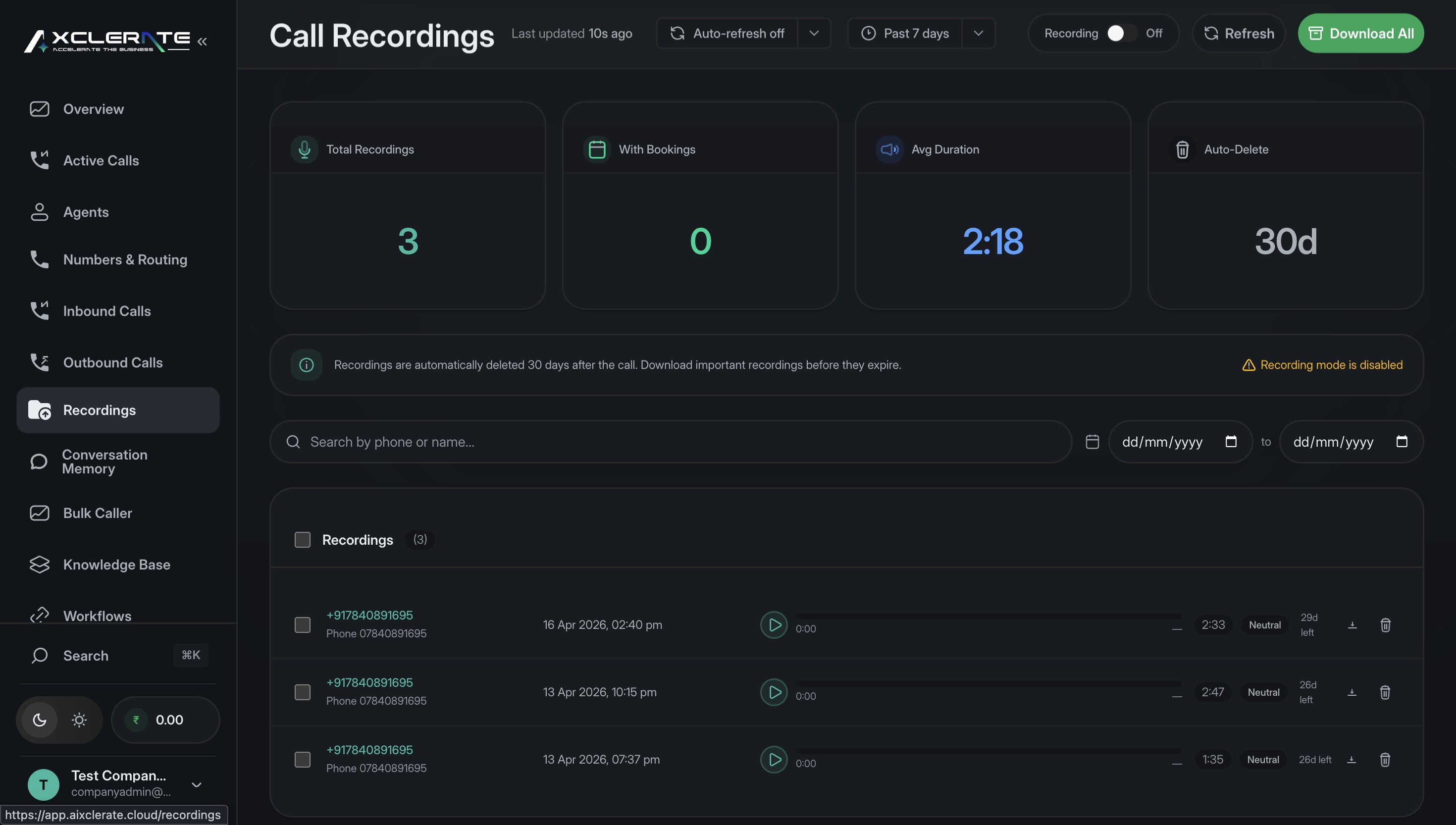 Call Recording (Optional)s view